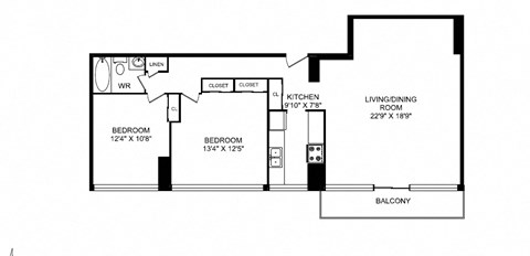 Two bedroom, one bathroom apartment layout at Monaco Towers in Toronto, ON