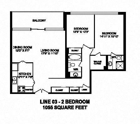 Two bedroom, two bathroom apartment layout at Monaco Towers in Toronto, ON