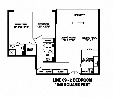 Two bedroom, two bathroom apartment layout at Monaco Towers in Toronto, ON