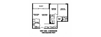 Two bedroom, two bathroom apartment layout at Monaco Towers in Toronto, ON