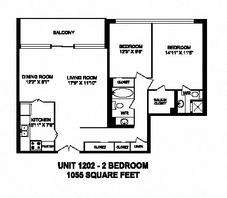 Two bedroom, two bathroom apartment layout at Monaco Towers in Toronto, ON