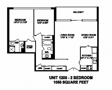 Two bedroom, two bathroom apartment layout at Monaco Towers in Toronto, ON