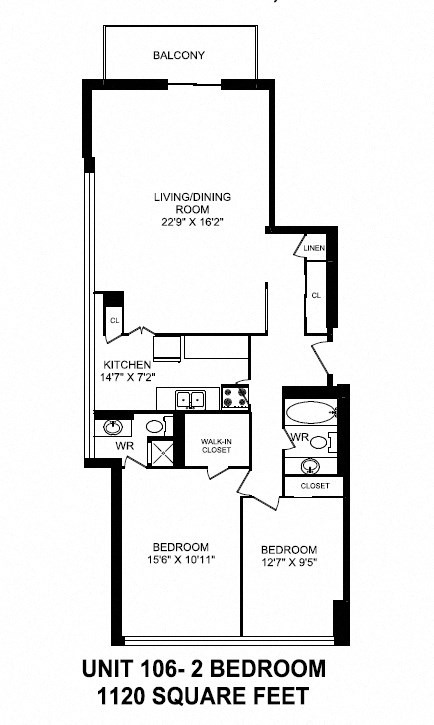 Two bedroom, two bathroom apartment layout at Monaco Towers in Toronto, ON
