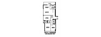 Three bedroom, two bathroom apartment layout at Monaco Towers in Toronto, ON