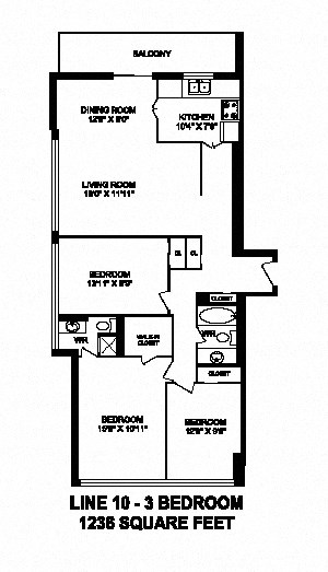 Three bedroom, two bathroom apartment layout at Monaco Towers in Toronto, ON