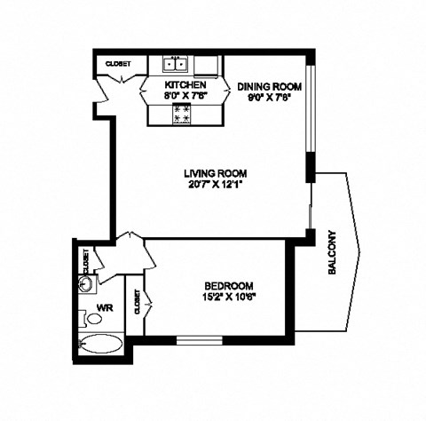 One bedroom, one bathroom apartment layout at San Remo in Toronto, ON