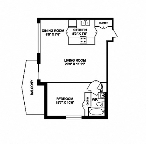 One bedroom, one bathroom apartment layout at San Remo in Toronto, ON