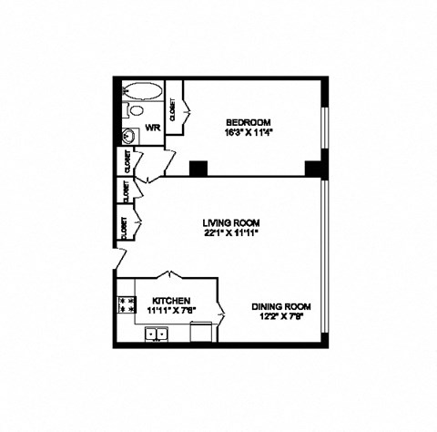 One bedroom, one bathroom apartment layout at San Remo in Toronto, ON