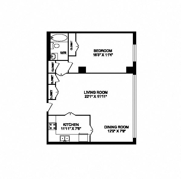 One bedroom, one bathroom apartment layout at San Remo in Toronto, ON