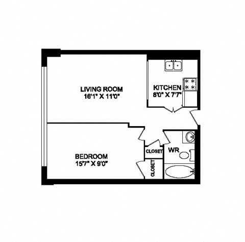 One bedroom, one bathroom apartment layout at San Remo in Toronto, ON
