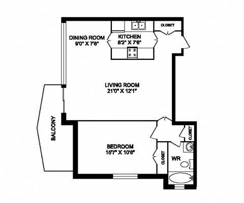 One bedroom, one bathroom apartment layout at San Remo in Toronto, ON