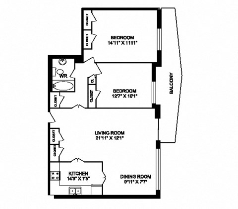 Two bedroom, one bathroom apartment layout at San Remo in Toronto, ON