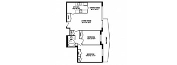 Two bedroom, one bathroom apartment layout at San Remo in Toronto, ON