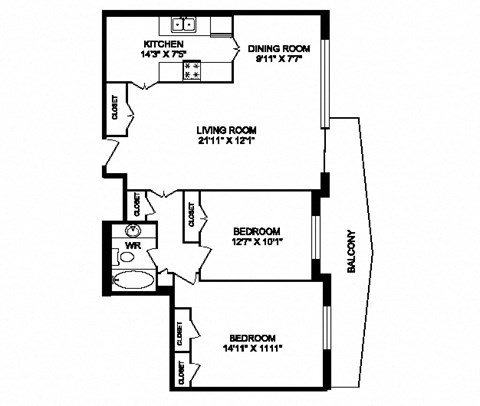 Two bedroom, one bathroom apartment layout at San Remo in Toronto, ON