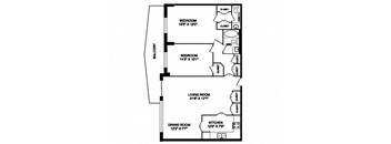 Two bedroom, one bathroom apartment layout at San Remo in Toronto, ON