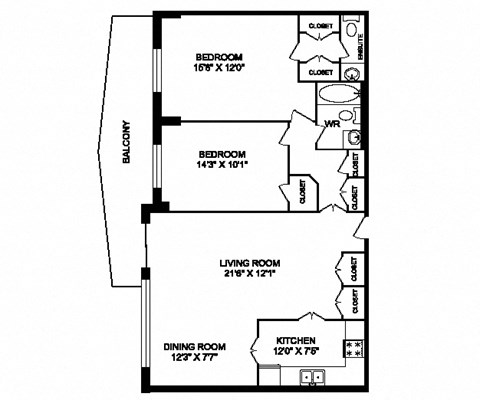 Two bedroom, one bathroom apartment layout at San Remo in Toronto, ON