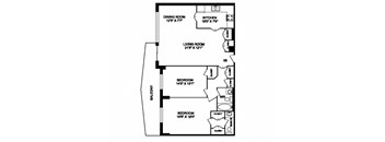 Two bedroom, one bathroom apartment layout at San Remo in Toronto, ON