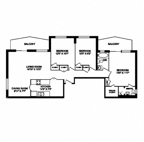 Three bedroom, two bathroom apartment layout at San Remo in Toronto, ON