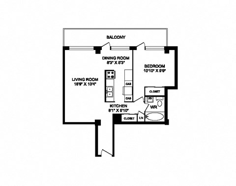 One bedroom, one bathroom apartment layout at South Algiers in Toronto, ON
