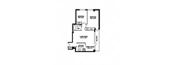 Two bedroom, one bathroom apartment layout at South Algiers in Toronto, ON
