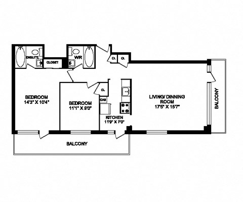 Two bedroom, two bathroom apartment layout at South Algiers in Toronto, ON