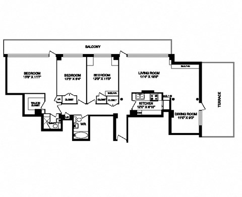 Three bedroom, two bathroom apartment layout at South Algiers in Toronto, ON