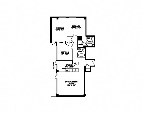 Three bedroom, two bathroom apartment layout at South Algiers in Toronto, ON