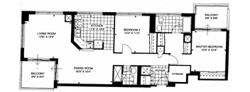 Floor plan of a 2 bed, 1 bath, spacious, high-end apartment at 17 Brookbanks Apartments in Toronto, ON