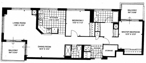Floor plan of a 2 bed, 1 bath, spacious, high-end apartment at 17 Brookbanks Apartments in Toronto, ON