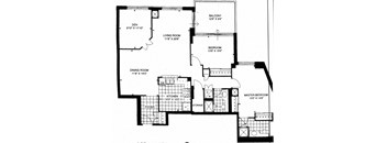 Floor plan of a 2 bed, 1 bath, spacious suite with a balcony view at Brookbanks Apartments in Toronto, ON