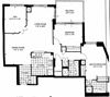 Enjoy comfort and luxury in spacious high-end suites Floor plan of a 2 bed, 1 bath, spacious suite with a balcony view at Brookbanks Apartments in Toronto, ON