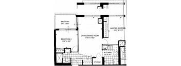 Floor plan of a 2 bed, 1 bath, high-end suite with a balcony view at 17 Brookbanks Apartments in Toronto, ON