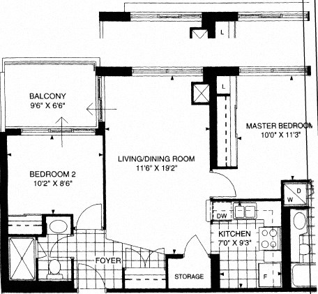 Floor plan of a 2 bed, 1 bath, high-end suite with a balcony view at 17 Brookbanks Apartments in Toronto, ON