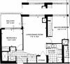 Enjoy modern design and city views in luxury suites Floor plan of a 2 bed, 1 bath, high-end suite with a balcony view at 17 Brookbanks Apartments in Toronto, ON