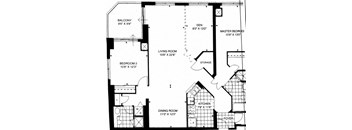 Floor plan of a 2 bed, 1 bath, high-end open concept suite at 17 Brookbanks Apartments in Toronto, ON