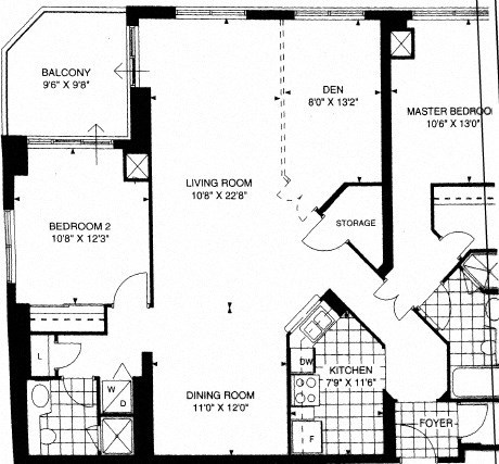 Floor plan of a 2 bed, 1 bath, high-end open concept suite at 17 Brookbanks Apartments in Toronto, ON