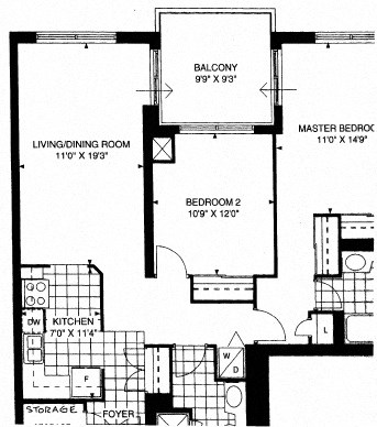 Floor plan of a 2 bed, 1 bath, efficiently designed apartment at 17 Brookbanks Apartments at Toronto, ON