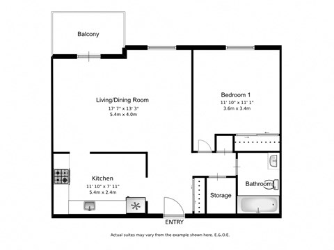 One bedroom, one bathroom apartment layout at Mary Street Apartments in Whitby, ON
