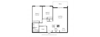 Two bedroom, one bathroom apartment layout at Mary Street Apartments in Whitby, ON