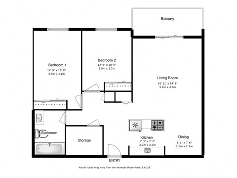Two bedroom, one bathroom apartment layout at Mary Street Apartments in Whitby, ON