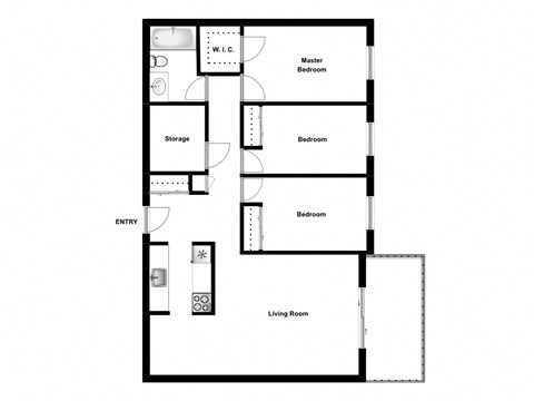 Three bedroom, one bathroom apartment layout at Mary Street Apartments in Whitby, ON