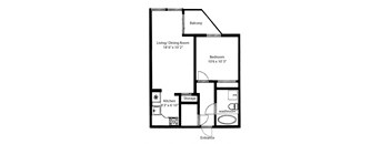 One bedroom, one bathroom apartment layout at Regency Place in Whitby, ON