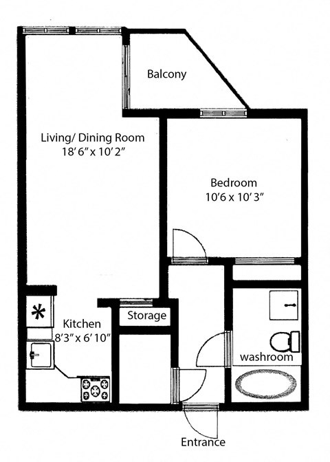 One bedroom, one bathroom apartment layout at Regency Place in Whitby, ON
