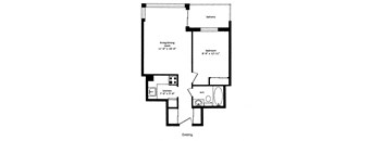 One bedroom, one bathroom apartment layout at Regency Place in Whitby, ON