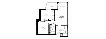 Two bedroom, one bathroom apartment layout at Regency Place in Whitby, ON
