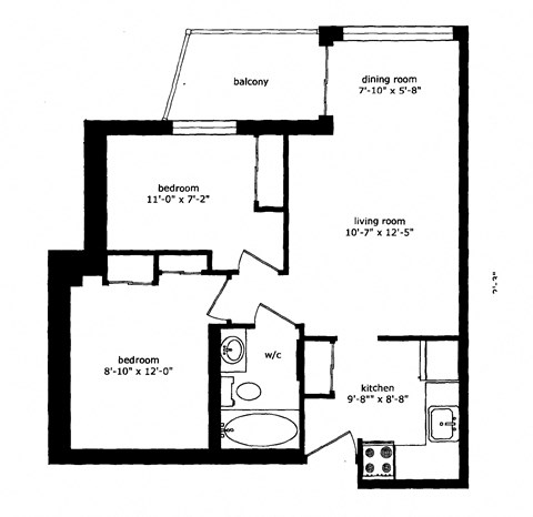 Two bedroom, one bathroom apartment layout at Regency Place in Whitby, ON