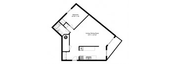 One bedroom, one bathroom apartment layout at Whitby Place in Whitby, ON