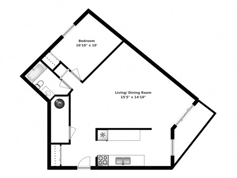 One bedroom, one bathroom apartment layout at Whitby Place in Whitby, ON