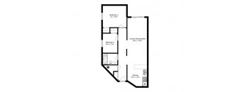Two bedroom, one bathroom apartment layout at Whitby Place in Whitby, ON