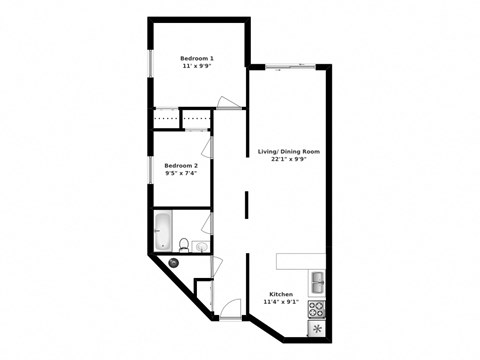 Two bedroom, one bathroom apartment layout at Whitby Place in Whitby, ON